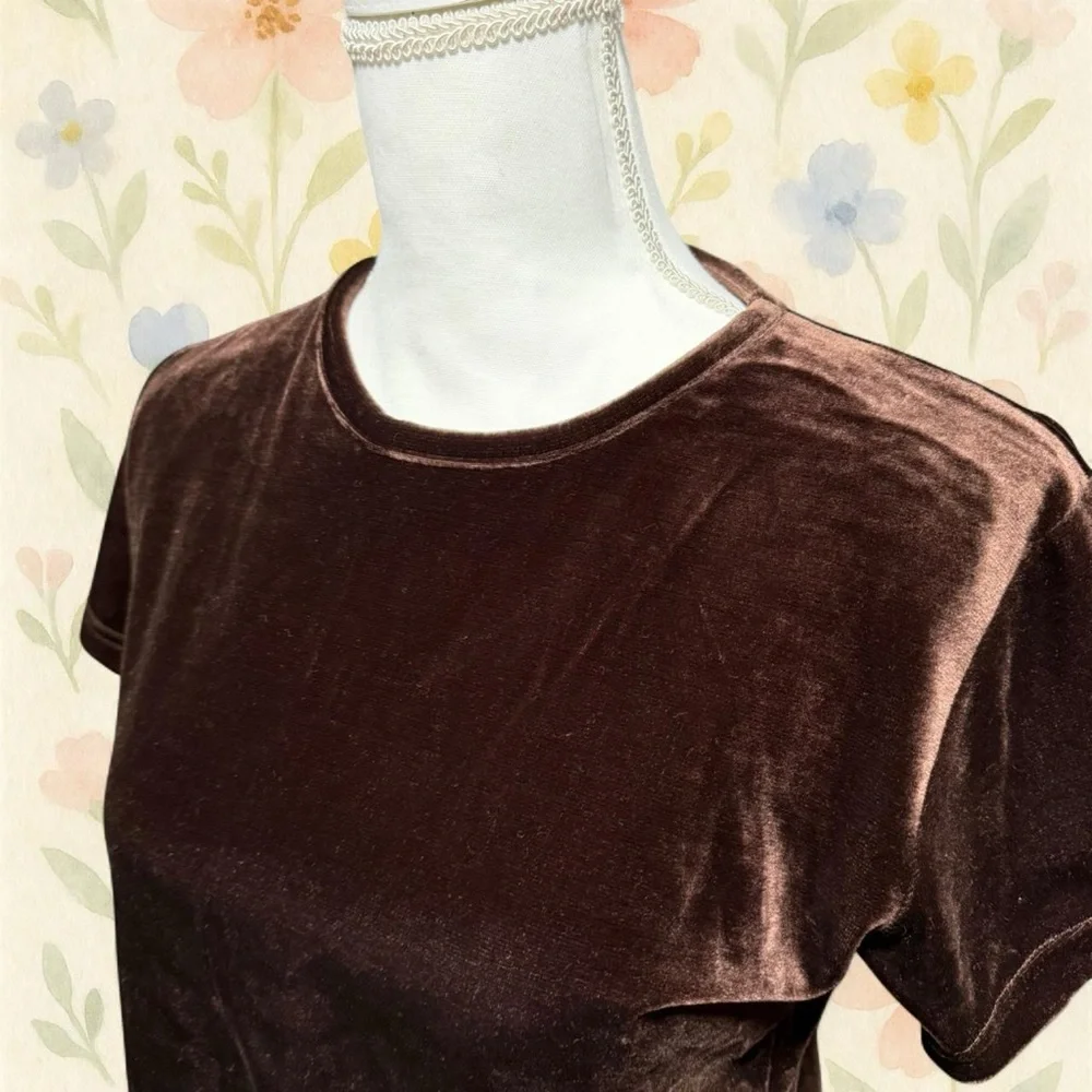 Vintage 90s Brown Velvet Top Medium Bydesign Velour Short Sleeve Baby Tee - Picture 2 of 7